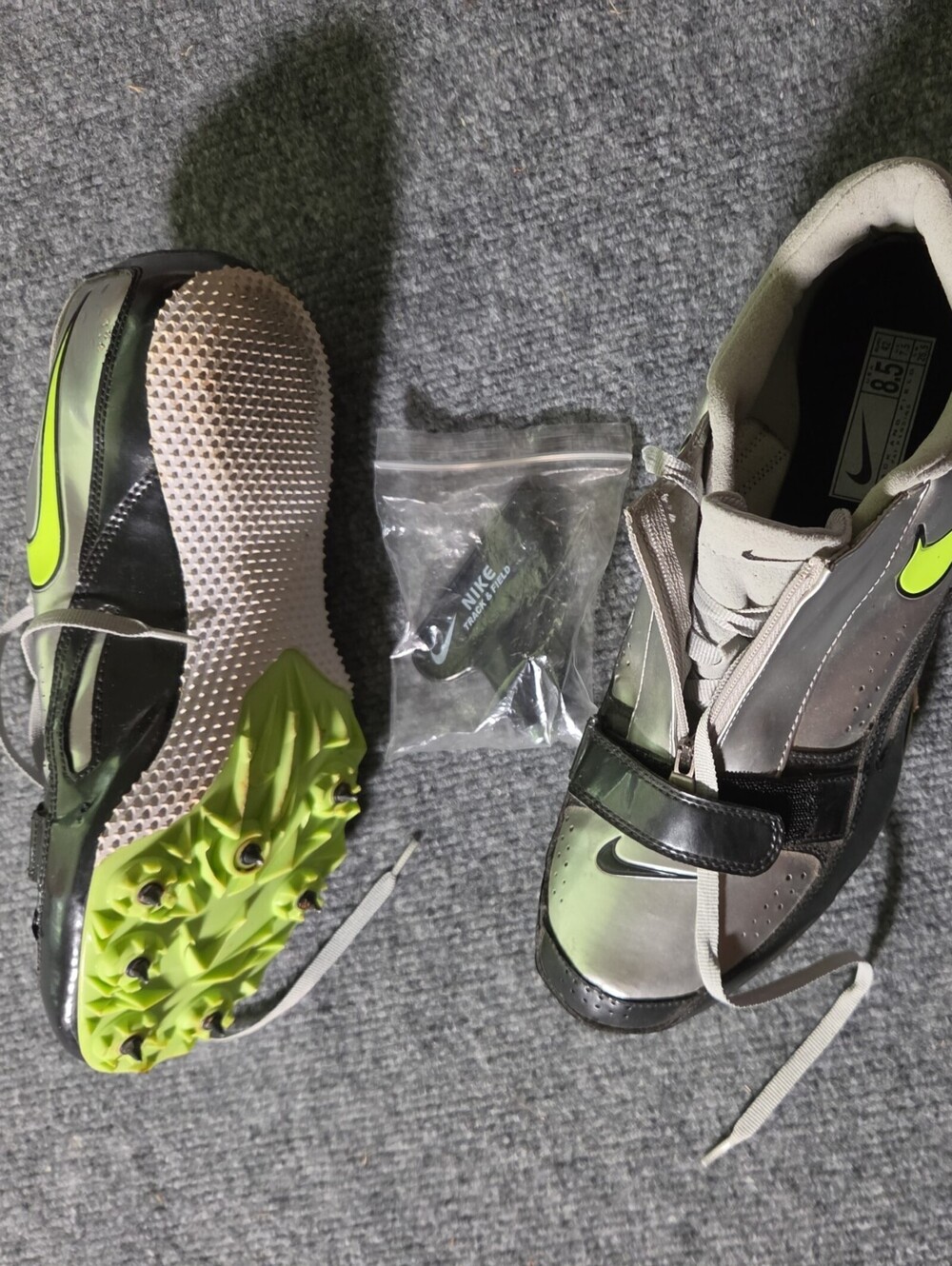 Nike Track Spike Shoes Silver Black Neon Running Track & Field Spikes sz8.5